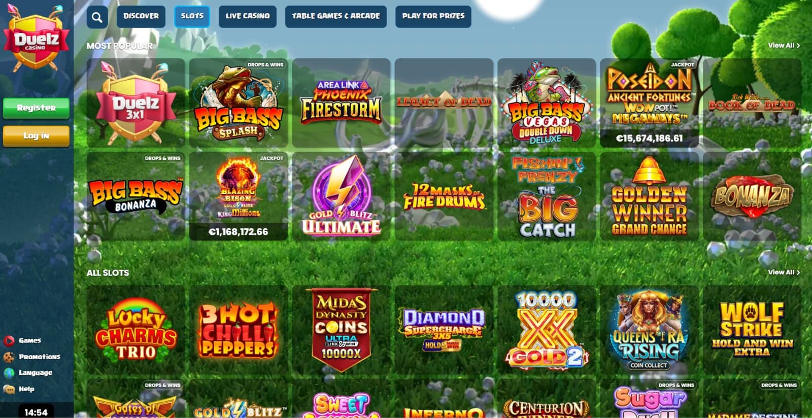 Duelz Casino games page with the slot game icons, side navigational menus and mystical forest background