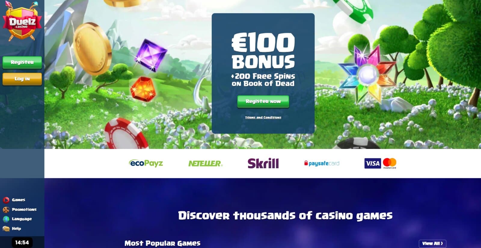 Duelz Casino's landing page featuring the 100 eur welcome bonus, background image, payment options, featured slots section, and side menu