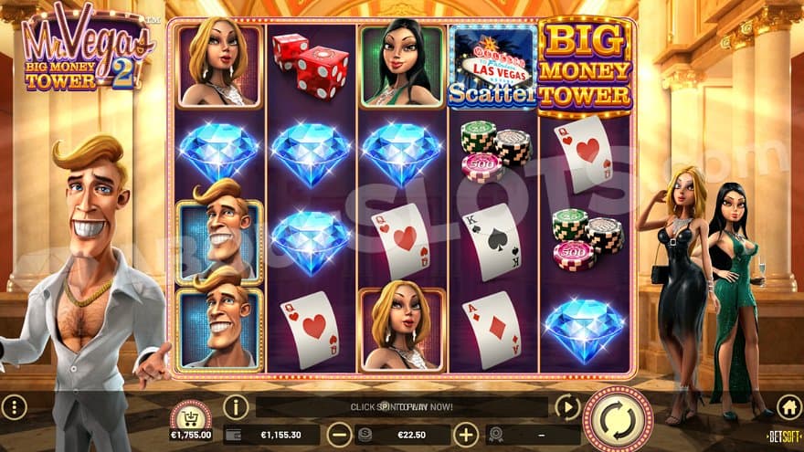 Five reels with four rows in a shiny hallway with black and white floor.