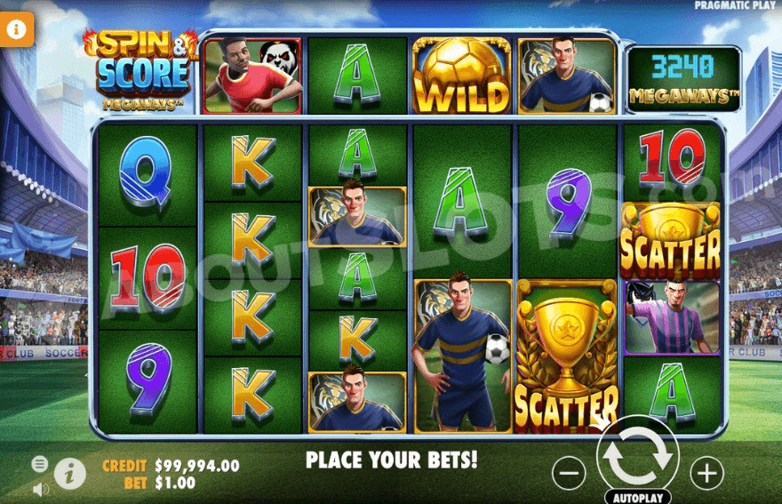 Grid of Spin & Score Megaways slot with spinning reels and a soccer club in the background