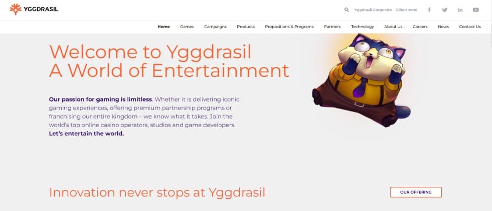 An image of Yggdrasil's homepage, stating that "innovation never stops at Yggdrasil"