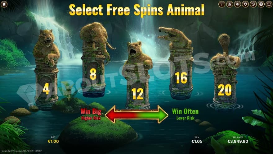 Selection of free spins feature with five options presented.