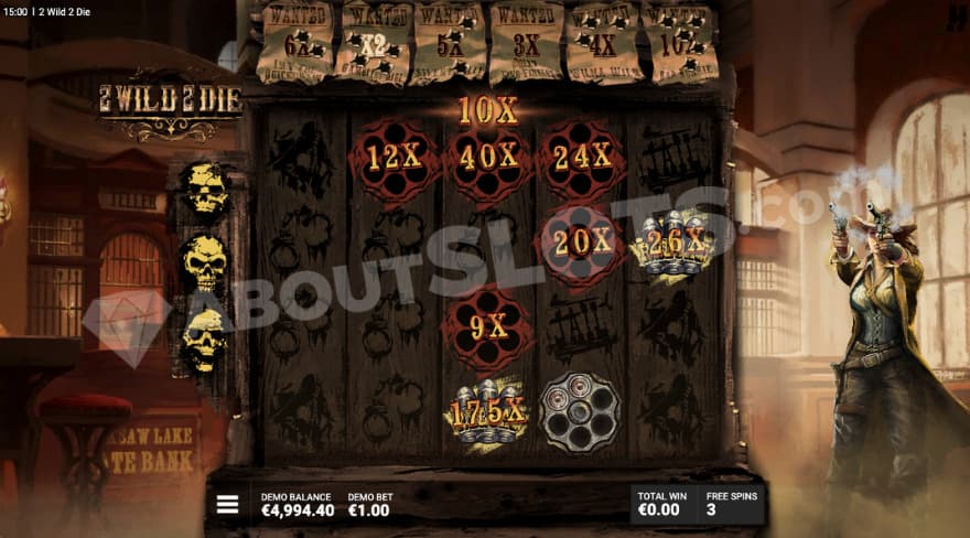 Most Wanted! Bonus game with wanted multipliers above the reels.