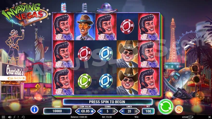 The Las Vegas Strip with the Statue of Liberty to the left of the reels and the Eiffel Tower to the right. 