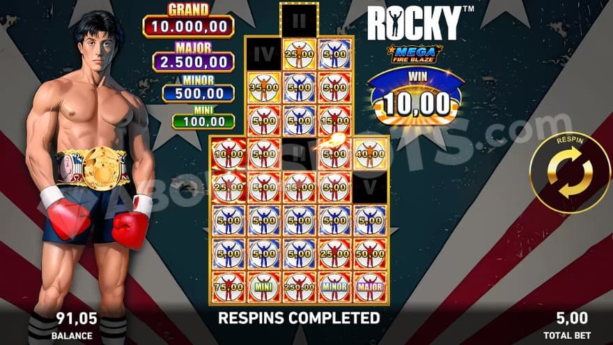 Mega Fire Blaze Hold and Respin feature with Rocky on the left.