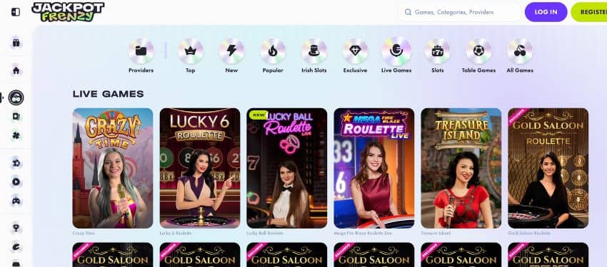 Jackpot Frenzy Casino live games page showing illustration thumbnails of selected games, the sidebar and the menu.