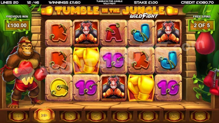Free Spins bonus game with two golden boxing gloves on the reels.