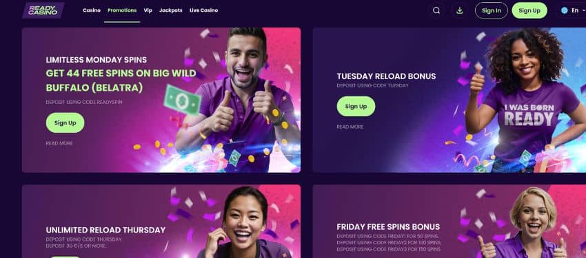 Thumbnail of different ReadyCasino regular bonuses showing the offer and animated characters