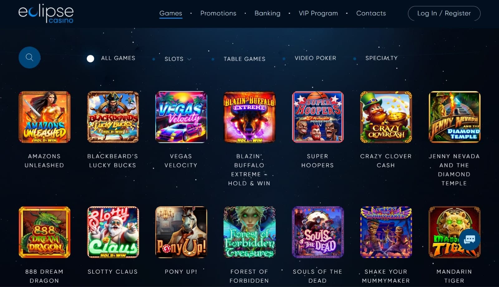 Eclipse Casino games page listing slots from Rival gaming such as Super Hoopers and Crazy Clover Cash