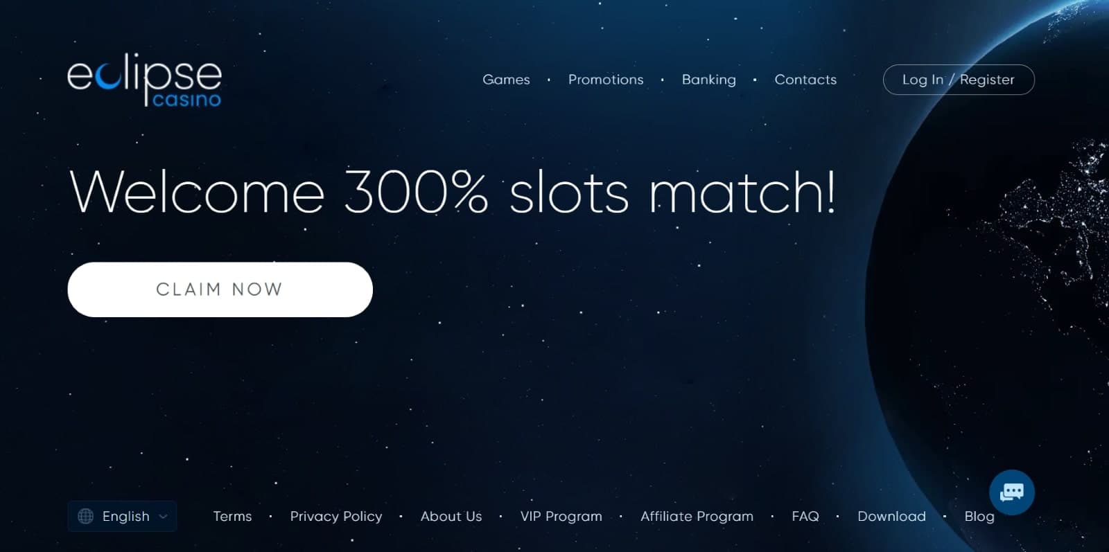 Eclipse Casino landing page featuring the 300% slots match welcome bonus over background image of moon and space