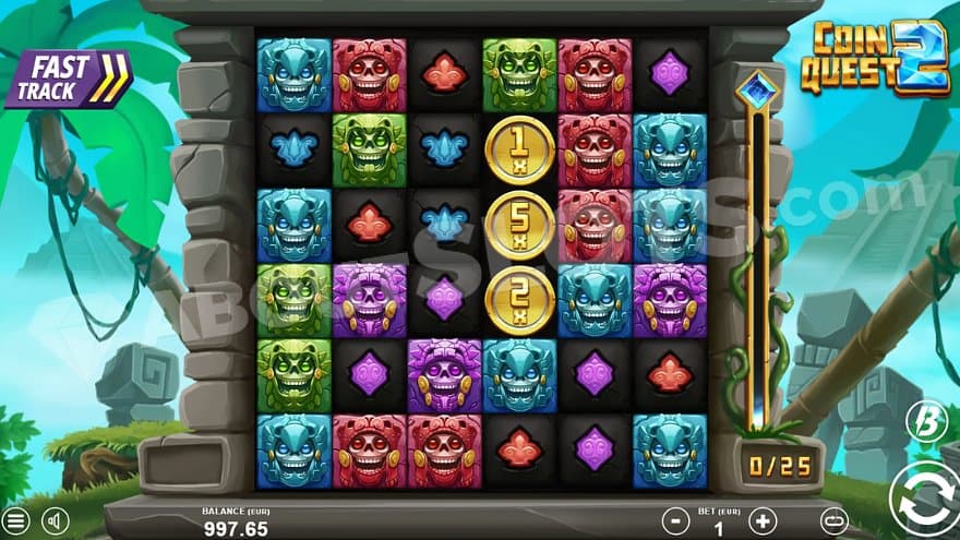 A 6x6 grid within a frame made of stone blocks. In the upper left and right corners are two pyramids partly visible.