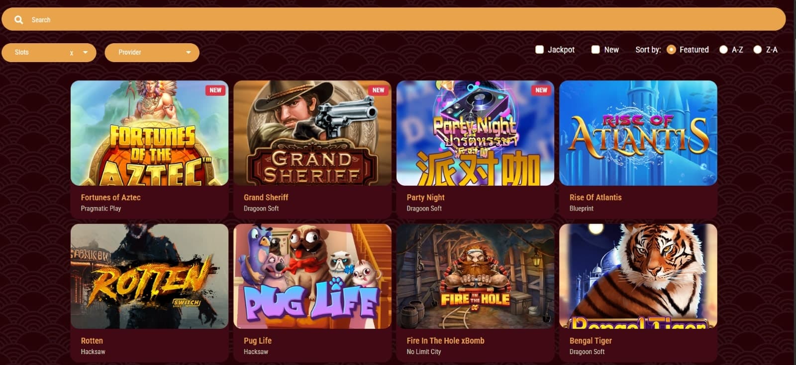 Eightstorm casino games page featuring slot  games such as Fortunes of Aztec and Pug Life
