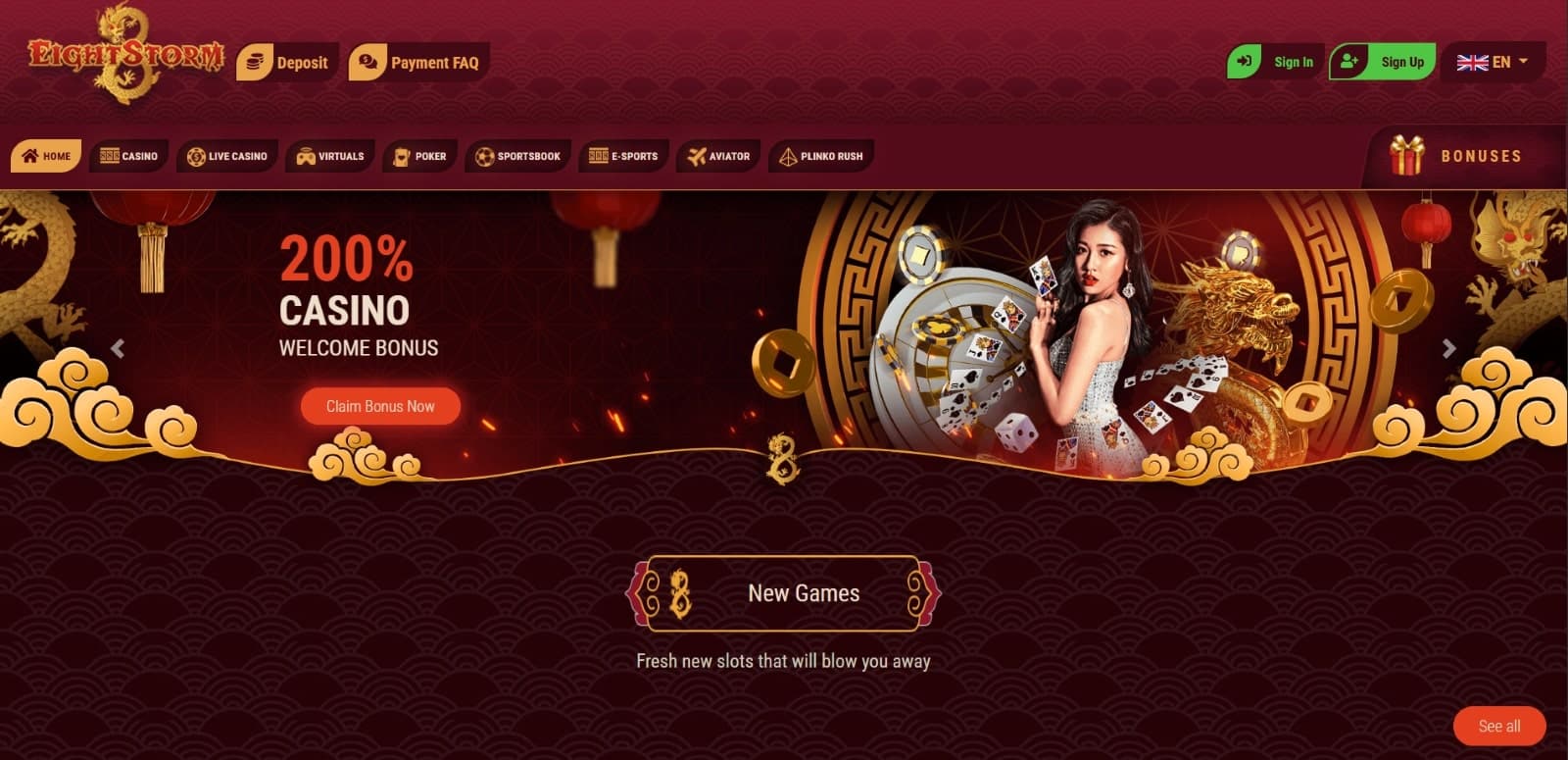 Eightstorm Casino landing page with Asian dragon and motifs featuring 200% casino welcome bonus