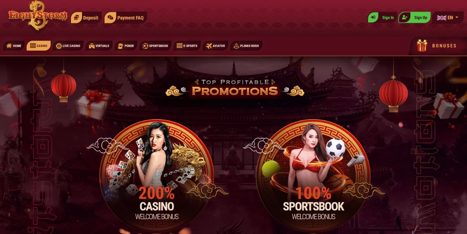 Eightstorm Casino promotions page featuring the 200% welcome casino bonus and 100% sportsbook welcome bonus