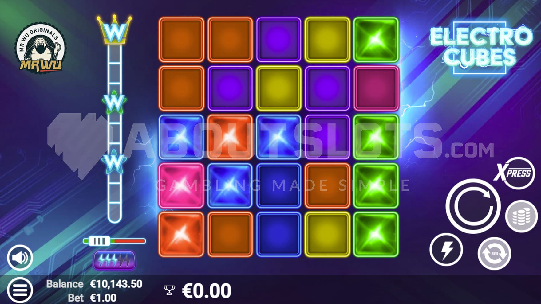 Base Game view of a 5x5 grid with multicolor tiles on a futuristic purple background.