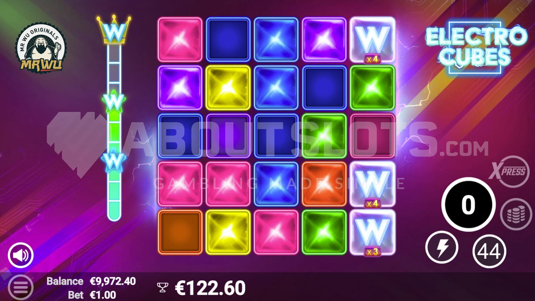 Free Spins bonus in progress, showing partially charged meter and 3 Multiplier Wilds added to the grid. 