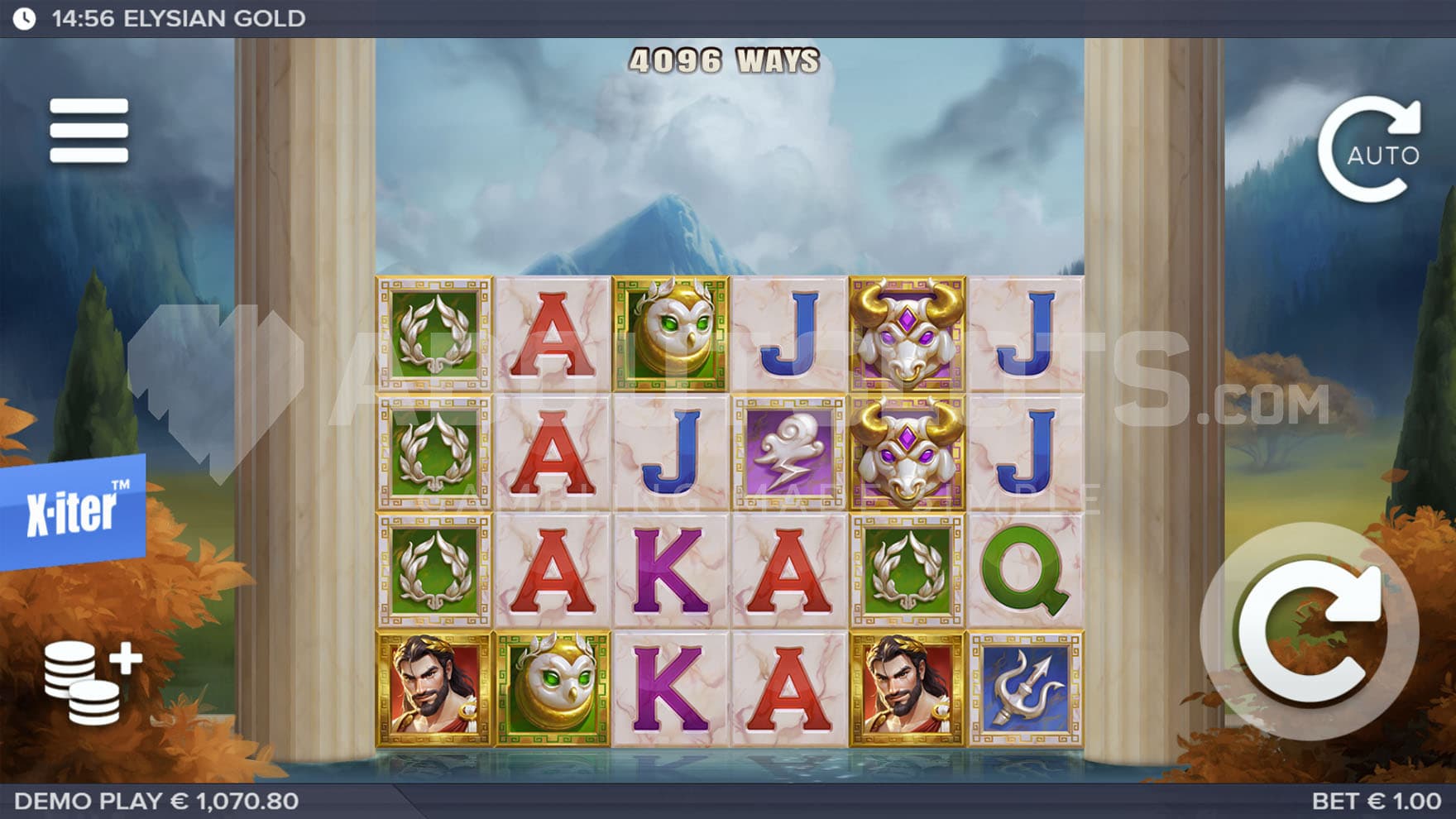 Base Game view of a 6-reel grid flanked by two white columns on a natural backdrop.