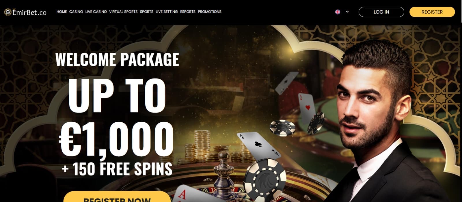 EmirBet Casino landing page with Welcome package up to 1000 euro plus 150 free spins