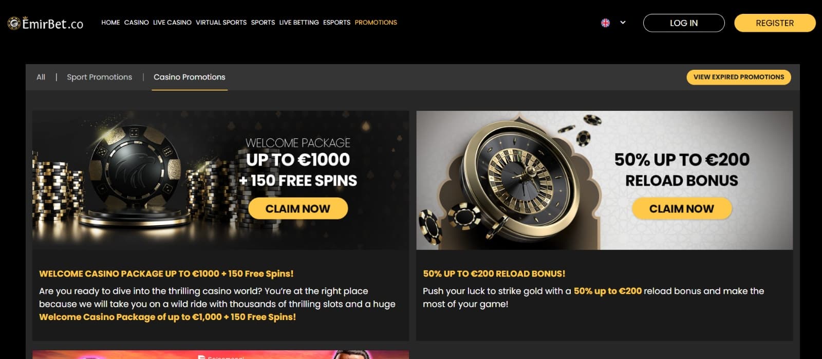EmirBet Casino promotions page with casino player bonuses on chrome roulette banner