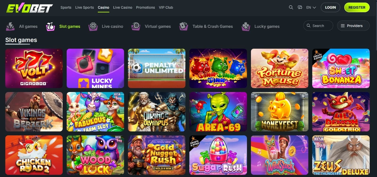 Evobet Casino games page listing slot titles such as Sweet Bonanza, Sugar Rush and other exciting games