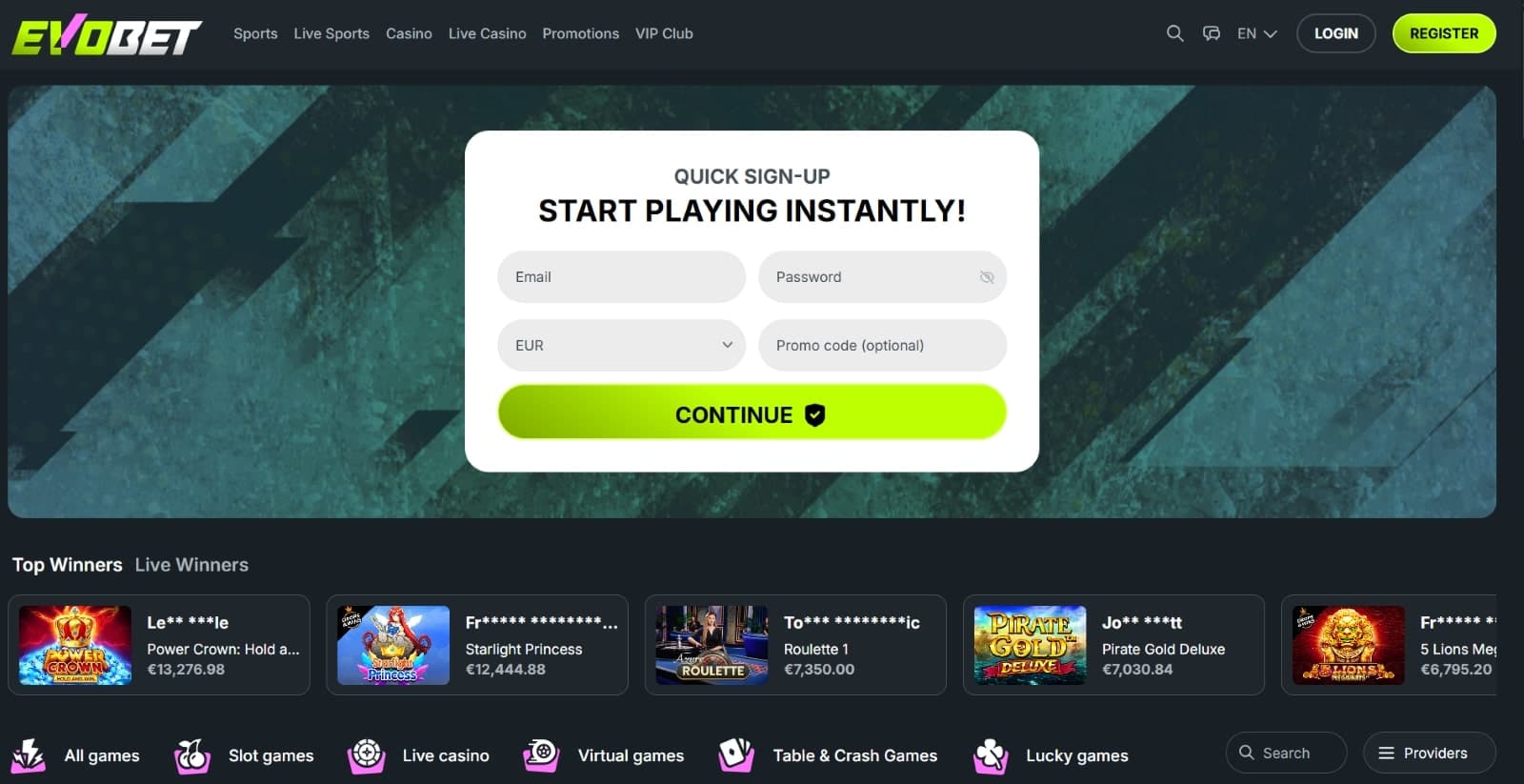 The landing page of EvoBet casino presents the quick sign-up pop-up and top winners banner