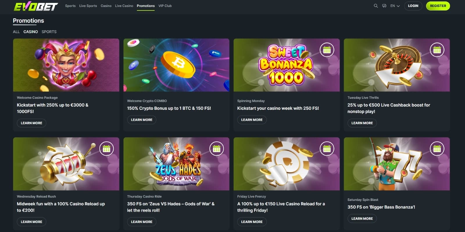 Evobet Casino promotions page features the welcome bonus of 3000 euros, crypto bonus, free spins, and live casino bonuses