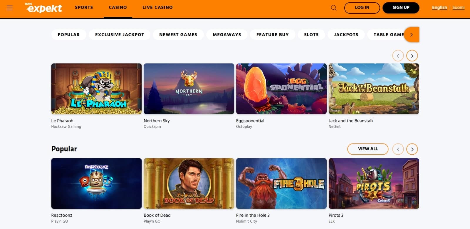 Expekt Casino games page featuring popular slots such as Reactoonz, Book of Dead and Fire in the Hole 3