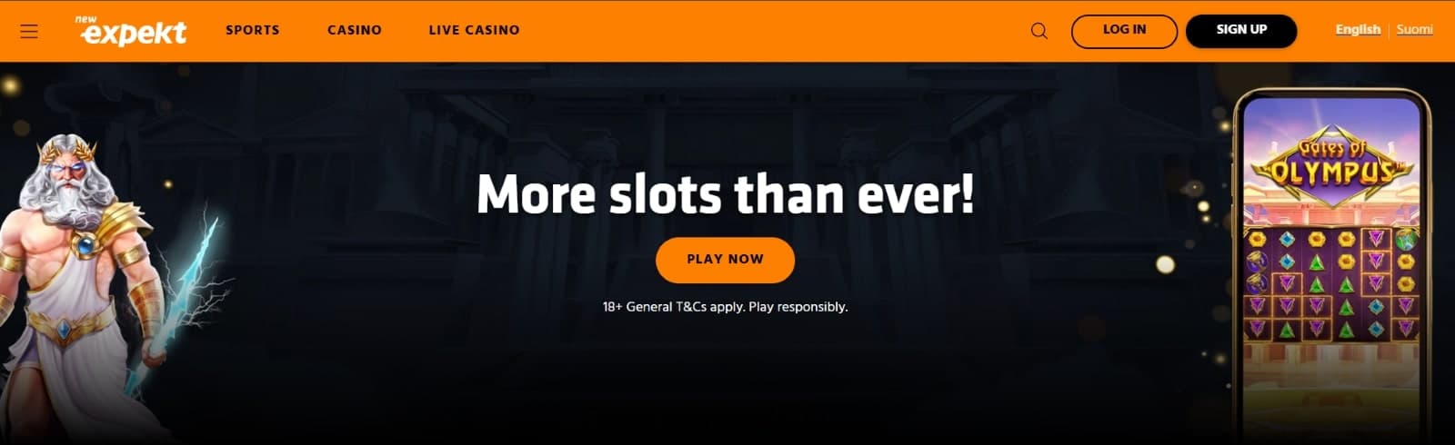 Expekt Casino landing page featuring banner with Gates of Olympus slot game in mobile format