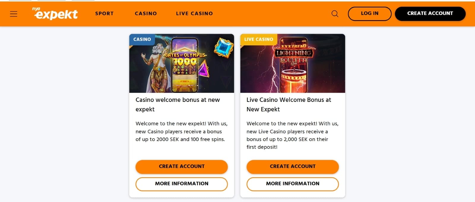 Expekt Casino promotions page listing casino and live casino welcome bonuses of 2000 sek 