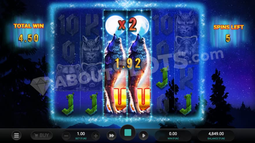 Free Spins bonus game with two expanding multiplier wilds.