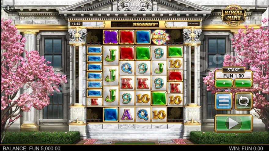 Base game with blossoming trees on the side of the reels.