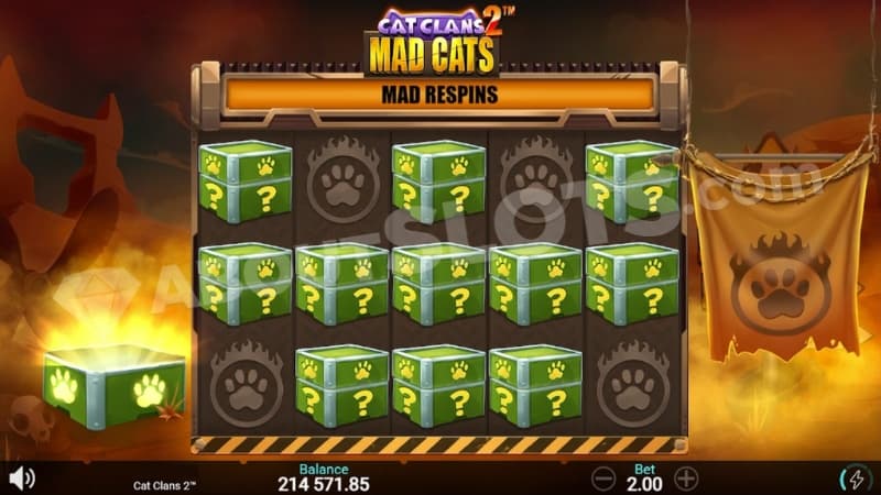 A screenshot from the Mad Respins feature with 11 mystery boxes on the grid