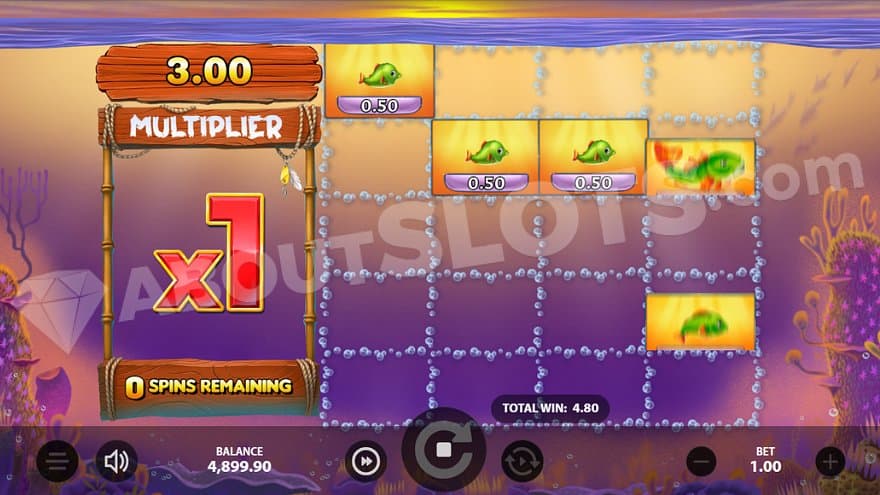 A 1X multiplier and 5 Bass Symbols on the reels in the Insane Catch feature.