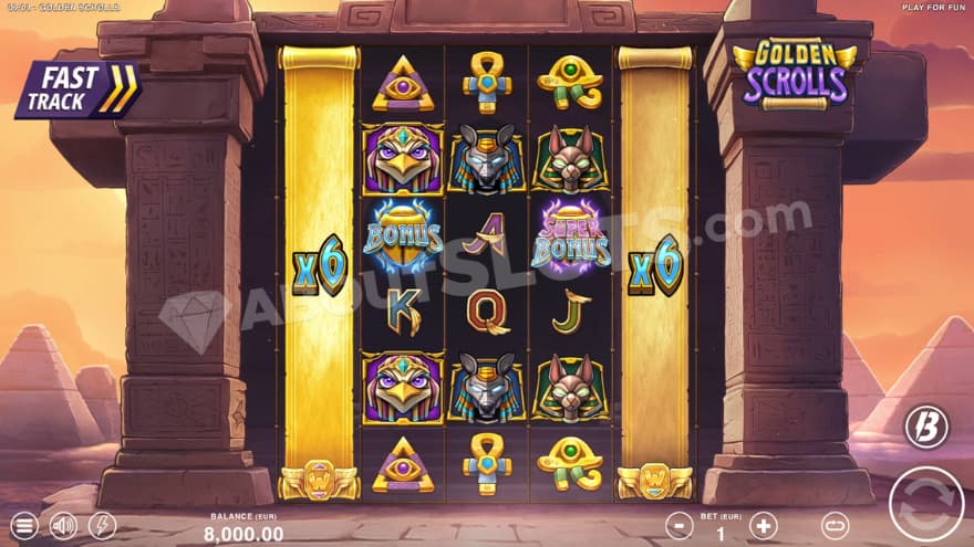 A 5 reels casino slot next to pyramids in a desert.