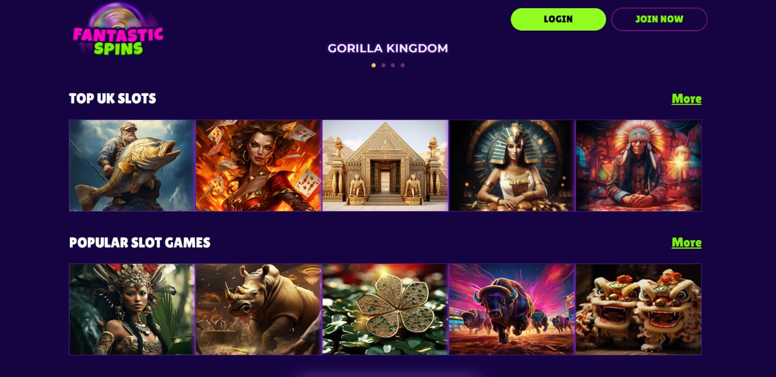 Fantastic Spins games page with top UK slots and most popular slots 