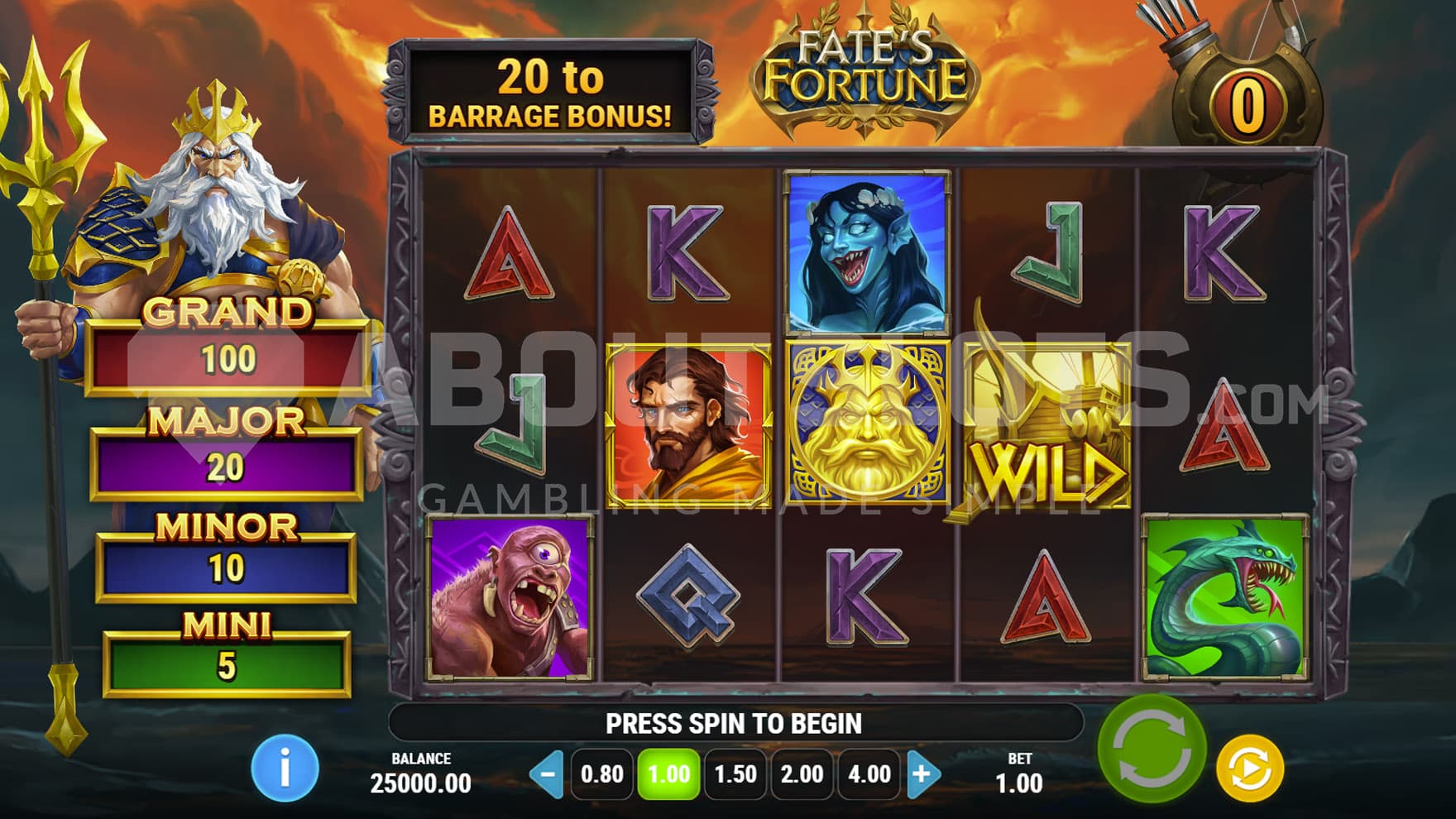 Base Game view of a 5x3 grid on a backdrop of blazing skies above a sea, with Poseidon standing on the left.