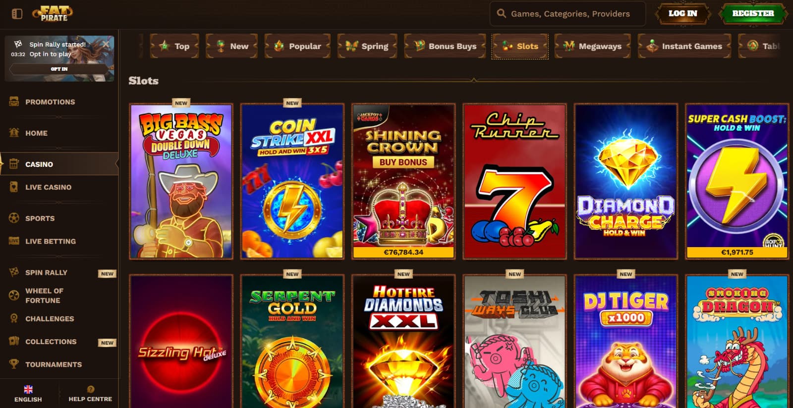 FatPirate Casino's game page with the slot icons of games under category tabs and next to left side menu