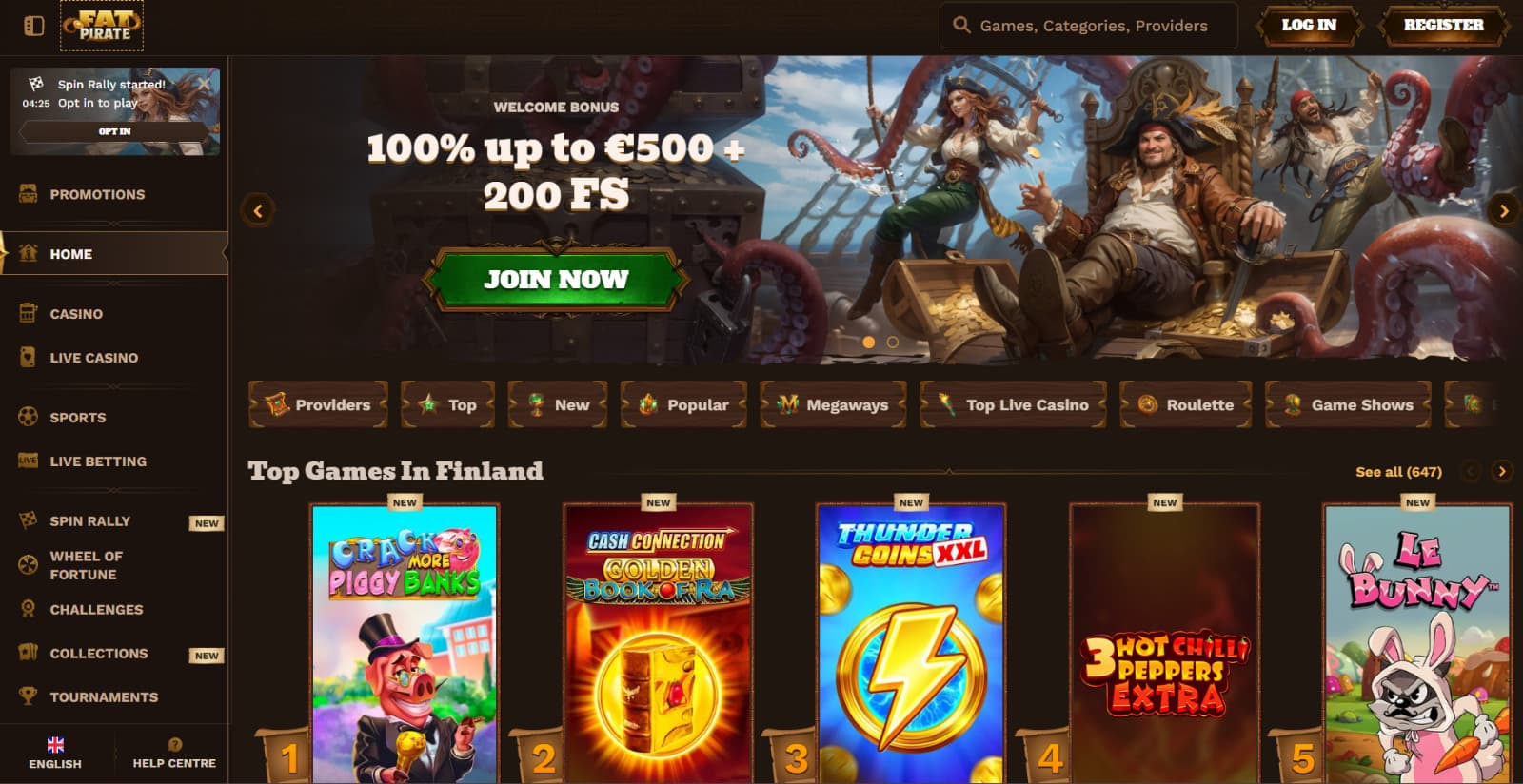 FatPirate Casino's landing page featuring the promotional image for the 500 euro welcome bonus with the pirate crew, above featured games and side menu
