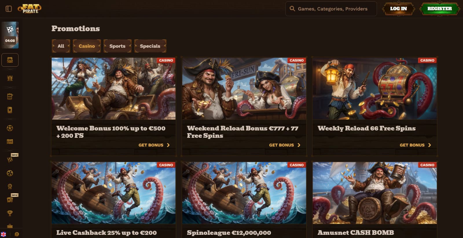 FatPirate Casino's promotions page featuring the casino welcome bonus, weekly and weekend reload bonuses, live cashback, daily cashback  with pirate theme images