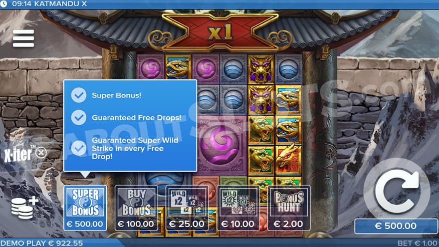 The X-iter Bonus Buy menu with five options above the reels.