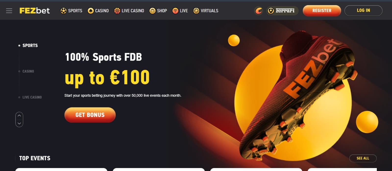 FEZbet Casino landing page with promotional banner and sports welcome bonus of 100 eur