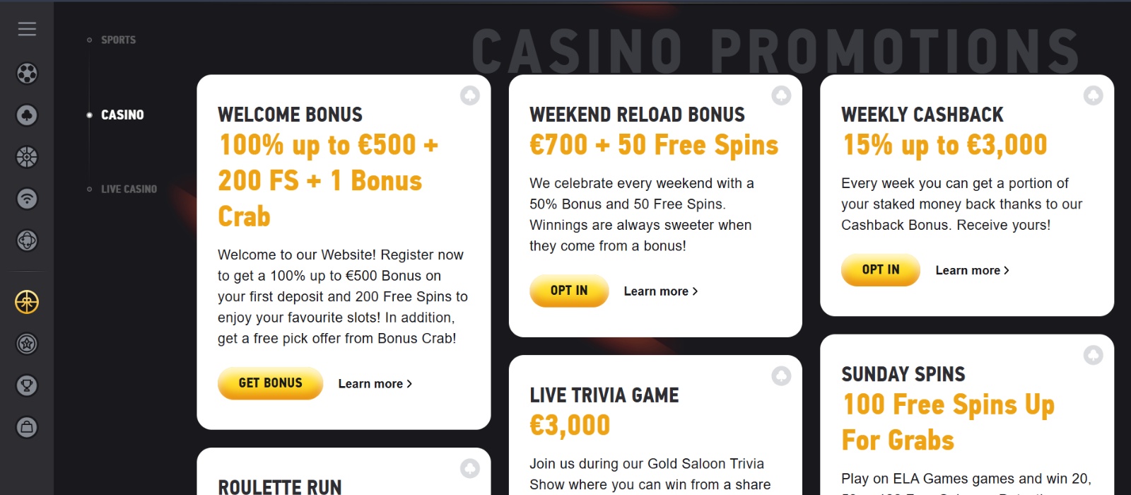 FEZbet Casino promotions page with 100% up to 500 eur welcome bonus