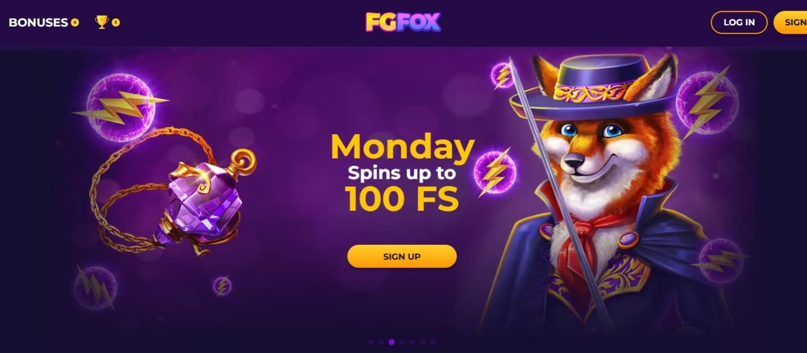 Fgfox casino homepage banner showing the 100 free spins Monday bonus and an animated fox wearing a hat.