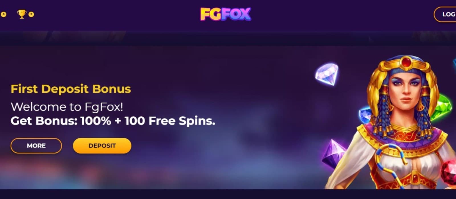 fgfox casino bonus page showing the 100% + 100 free spins first deposit welcome bonus and an animated Egyptian princess.