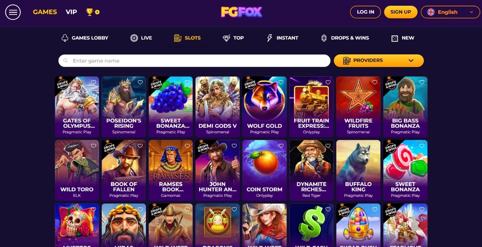 Fgfox Casino games page listing slot such as  gates of Olympus, Wolf Gold and Buffalo King