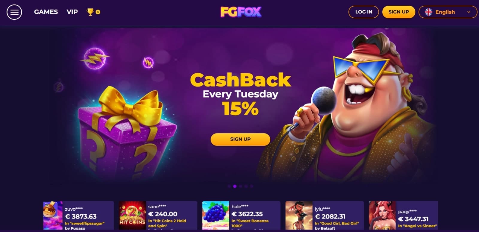 Fgfox Casino landing page presenting the Tuesday 15% cashback promotion with purple gift box and singer character 