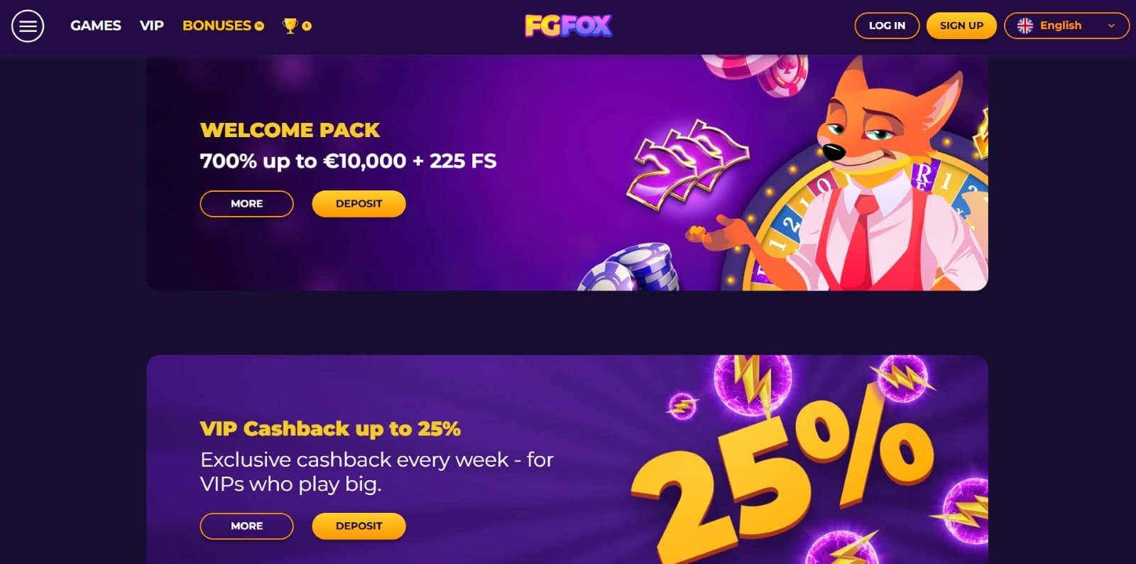 Fgfox Casino promotions page featuring the 700% welcome pack of 10000 euros and 25% VIP cashback promotion