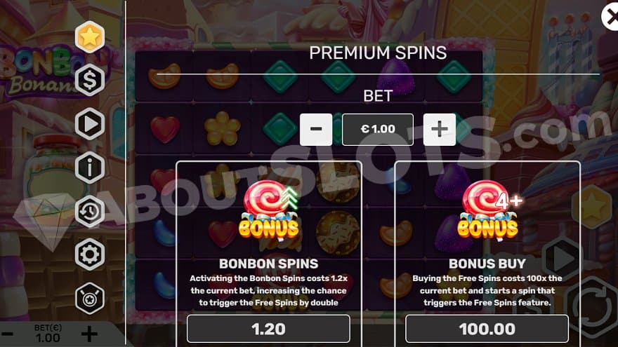 A menu offering the Bonbon Spins for 1.2X and the Free Spins for 100X.
