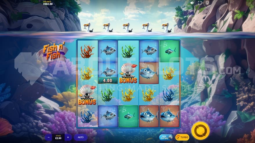 A screenshot of the base game view, taking place by a cozy reef.