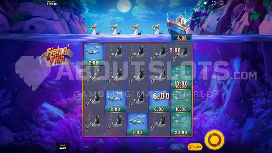 A screenshot of the Free Spins feature with a big boat collecting fish.